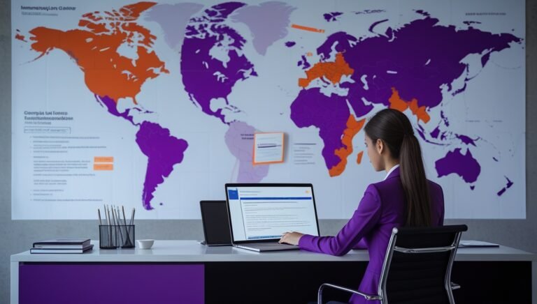 International job seeker researching an employer's visa sponsorship eligibility on a laptop
