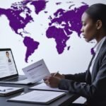 International job seeker researching overseas jobs and visa sponsorship opportunities on a laptop.