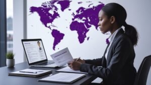 International job seeker researching overseas jobs and visa sponsorship opportunities on a laptop.