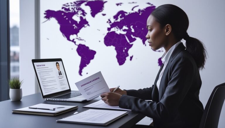 International job seeker researching overseas jobs and visa sponsorship opportunities on a laptop.