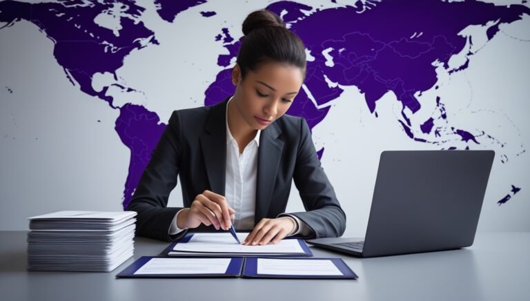 International job applicant reviewing a work visa application checklist and supporting documents.