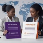 International professional comparing work visa and work permit documents before working abroad.