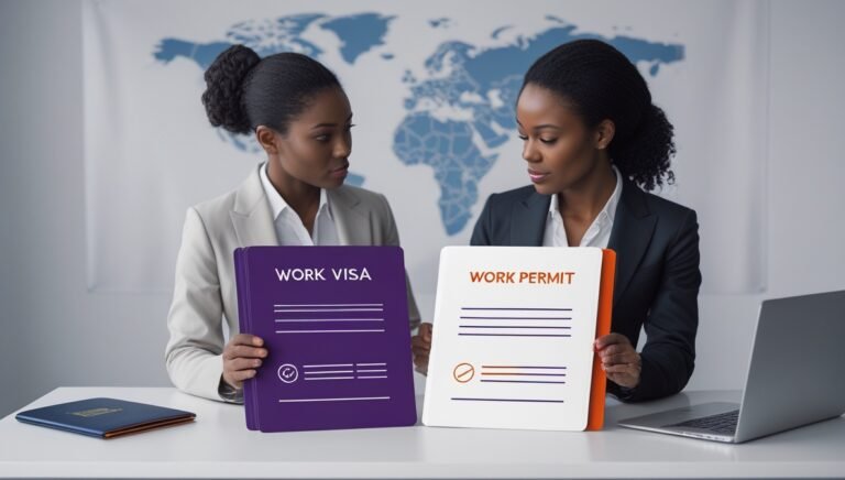 International professional comparing work visa and work permit documents before working abroad.